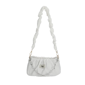 White ruched underarm bag with puffy cloud strap and silver floral chain accessory