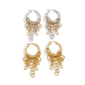 Minimalist 18K stainless steel bicolor and gold hoop earrings with layered tassel charms