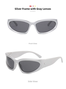 Front and side views of silver Y2K sunglasses with grey lenses and futuristic frames
