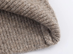 Detailed macro view of the premium heather grey rib-knit texture and soft wool material