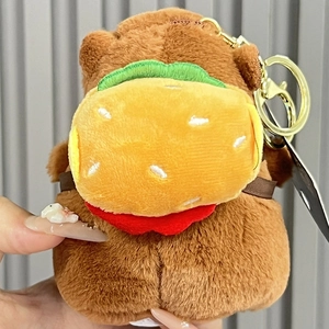 Plush Capybara keychain with creative 3D burger design and gold-tone metal clasp
