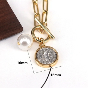 Vintage gold paperclip necklace with religious coin and 16mm pearl pendant charm
