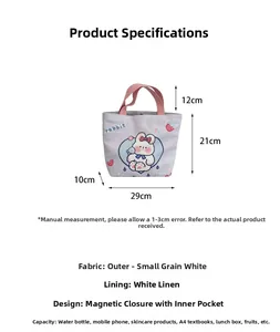 Detail view of rabbit canvas tote bag showing dimensions 29x21x10cm and pink handle