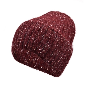 Detailed view of the burgundy knit beanie featuring colorful speckles and thick texture