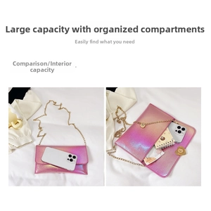 Internal view of pink gradient sequin chain bag showing phone and essentials capacity