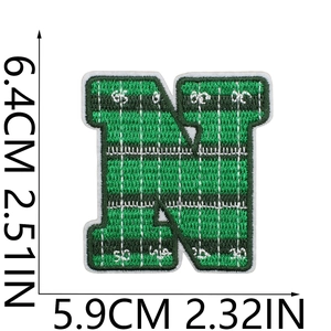Detailed size measurement of letter N varsity style embroidered patch in green and white