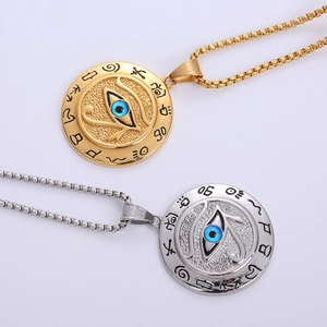 Eye of Horus stainless steel pendant necklaces in gold and silver finish, circular design