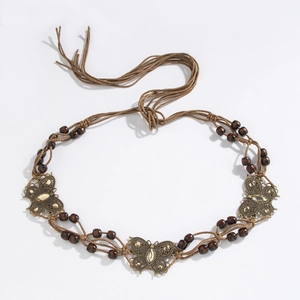 Detail of brown braided waist rope with bronze butterflies and dark wooden beads