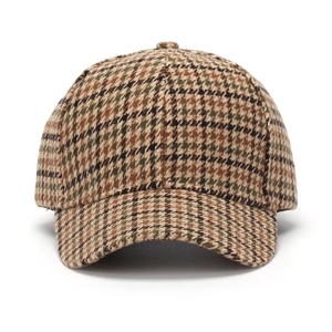 Classic houndstooth baseball cap in brown and olive green tweed with curved brim