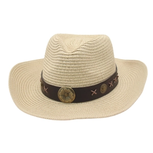 Detail of vintage cowboy straw hat with brown leather band and bronze flower metal ornaments