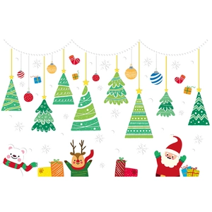 Christmas window stickers set with Santa Claus, reindeer, and colorful holiday trees