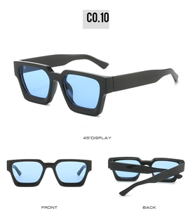Three-angle view of square black frame sunglasses with light blue lenses showing 45-degree and front