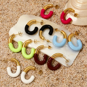 Minimalist C Shape Hoop Earrings Stainless Steel Enamel Contrast Color Colorful Geometric Jewelry For Women Commuting Style