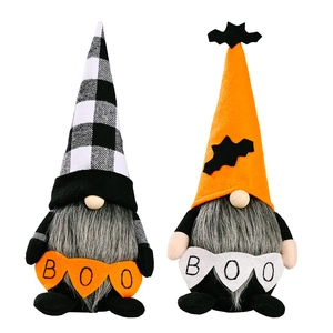 Halloween gnome plush dolls set with BOO flags in orange and black plaid for home decor