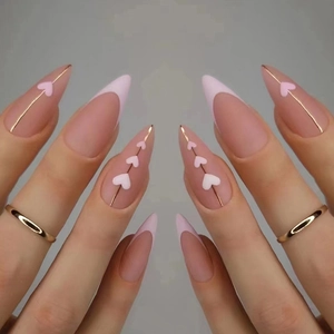 Matte Nude Pink Press On Nails White French Tips 3D Heart Design Golden Lines Almond Stiletto Shape False Nails