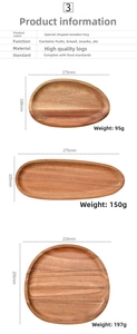 Size chart showing three dimensions and weights of various natural wooden serving trays