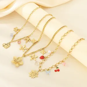 Stainless Steel Gold Plated Necklace Heart Sunflower Butterfly Bee Flower Artificial Pearl Charm Clavicle Chain Women Jewelry