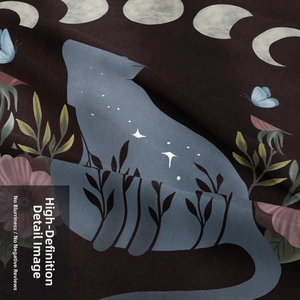 Detail of celestial cat silhouette with moon phases and floral print on woven tapestry