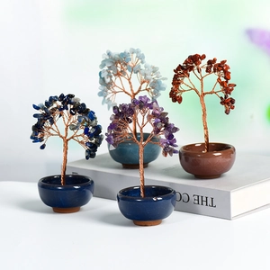 Natural crystal money tree decor with gemstone leaves and ceramic base in various colors