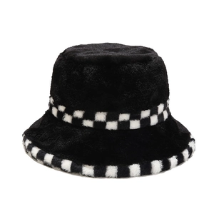 Women's black faux fur bucket hat with stylish black and white checkered pattern trim