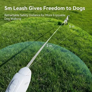 5m automatic retractable dog leash in white with flat nylon tape on green grass