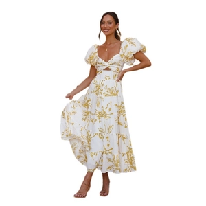 Elegant white floral maxi dress with puff sleeves and waist cutout design for women