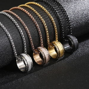Rotatable Spinner Ring Pendant Necklace Stainless Steel Six-Word Mantra Box Chain Religious Spiritual Jewelry For Men