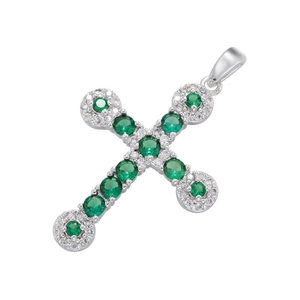 Exquisite silver cross pendant with micro-pave green zircon and clear crystals
