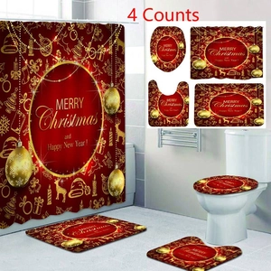 Detailed 4-piece Christmas bathroom set with red reindeer shower curtain and bath mats