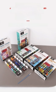 Detailed set of 25ml acrylic and fabric paints with 12 colors and a professional brush