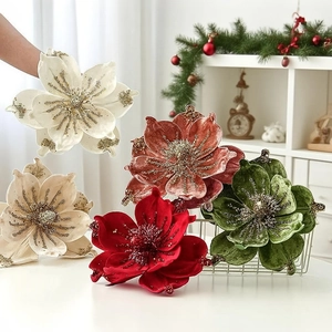 Sparkling velvet magnolia flowers with gold glitter for luxury Christmas tree decor