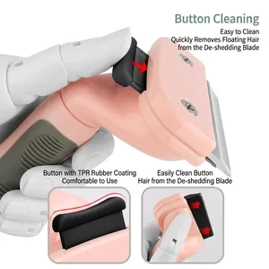 Pink pet grooming brush with TPR non-slip handle and one-click hair removal feature