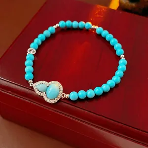 Women Vintage Beaded Bracelet Synthetic Turquoise Copper Zircon Gourd Heart Pendant Ethnic Style Elegant Jewelry