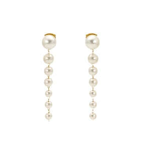 Elegant gold heart earrings with white pearl tassels and vertical drop pendant design