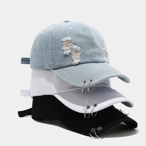 Baseball Cap Distressed Denim Cotton With Metal Rings Ripped Streetwear Hip Hop Adjustable Sun Hat For Men Women