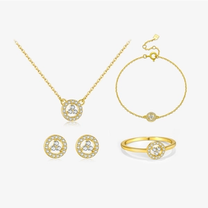 925 Sterling Silver Jewelry Set For Women Minimalist Round Hollow Inlaid Rhinestone Necklace Bracelet Earrings Ring Jewelry
