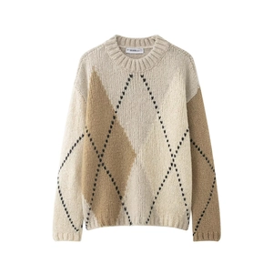 Women's winter argyle knit sweater with crew neck and retro casual style in beige