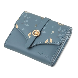 Short tri-fold PU leather wallet in dusty blue with leaf print and gold buckle