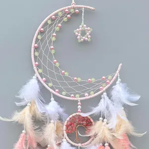 Pink and white feather dreamcatcher with moon frame and star charm for room decor