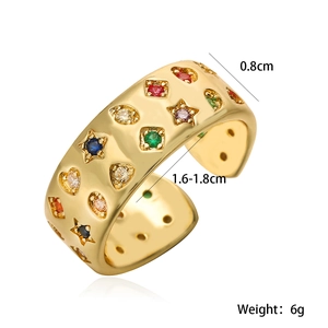 Double row geometric open ring with colorful star and heart zircons in gold finish
