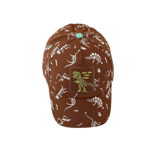 Dark brown kids baseball cap with dinosaur bone prints and rawrr embroidery detail