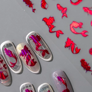 Holographic laser red mermaid silhouette nail art stickers with metallic gold foil accents