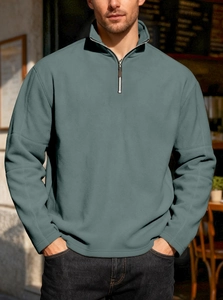 Detail of blue-grey fleece texture on men's half-zip pullover sweatshirt with collar