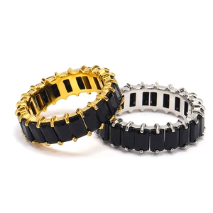 French style titanium steel eternity band ring with baguette-cut black zircon stones