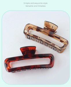 Detail of rectangular leopard print hair claws with tortoiseshell pattern and metal spring