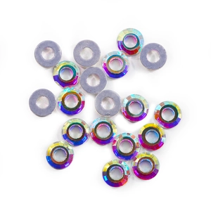 Detailed view of iridescent flatback crystals with multi-faceted surfaces and metal bases