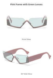 Front and 45-degree views of retro pink geometric sunglasses with green tinted lenses