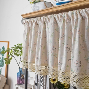 Beige cotton linen short curtain with floral print and wide lace border for cabinets