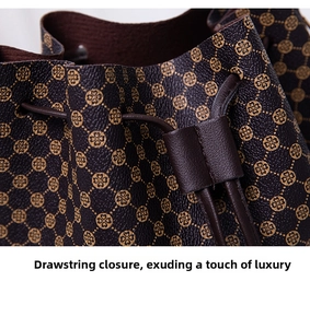 Detailed macro view of the dark brown leather bucket bag with gold geometric patterns