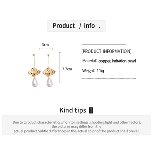 Detailed size chart for 18k gold plated drop earrings with mesh metal and imitation pearls